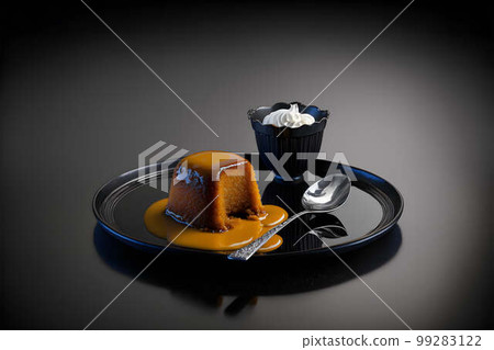 MALVA PUDDING on black background created with generative AI technology MALVA PUDDING on black background created with generative AI technology 99283122