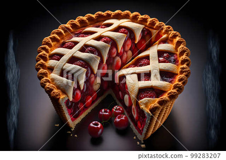 Sour Cherry Pie on black background created with generative AI technology 99283207