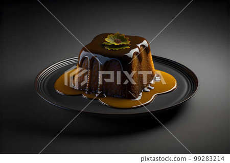 Sticky toffee pudding on black background created with generative AI technology Sticky toffee pudding on black background created with generative AI technology 99283214