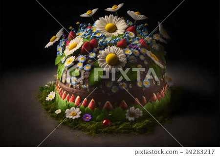 Swedish midsummer cake on black background created with generative AI technology Swedish midsummer cake on black background created with generative AI technology 99283217
