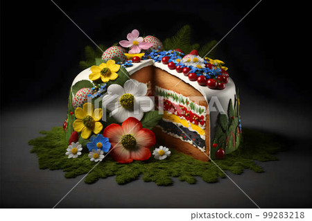 Swedish midsummer cake on black background created with generative AI technology Swedish midsummer cake on black background created with generative AI technology 99283218