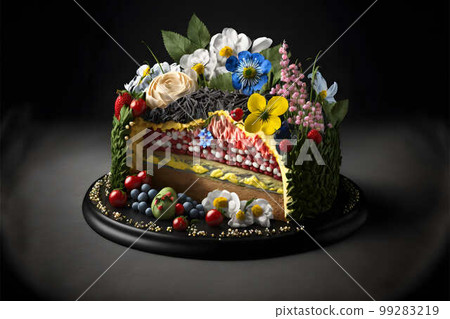 Swedish midsummer cake on black background created with generative AI technology Swedish midsummer cake on black background created with generative AI technology 99283219