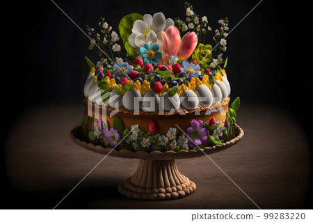 Swedish midsummer cake on black background created with generative AI technology Swedish midsummer cake on black background created with generative AI technology 99283220