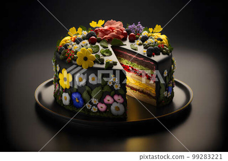 Swedish midsummer cake on black background created with generative AI technology 99283221