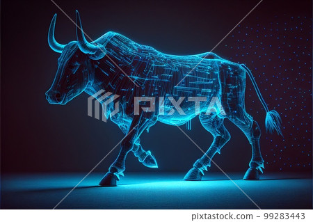 Neon digital bull glowing in the dark created with generative AI technology Neon digital bull glowing in the dark created with generative AI technology 99283443