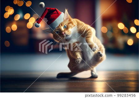 Cat in Christmas hat amid Christmas background created with generative AI technology 99283456