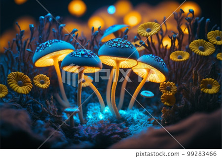 Blue and yellow glowing mushrooms in the dark created with generative AI technology 99283466