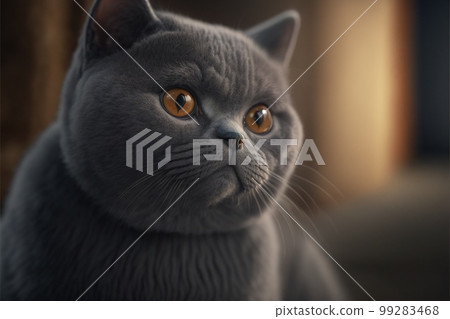 British Shorthair is the pedigreed version of the traditional British domestic cat, with a distinctively stocky body, dense coat, and broad face against the background of union jack created with 99283468