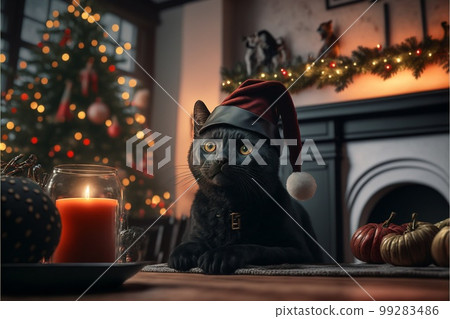 Cat in Christmas hat amid Christmas background created with generative AI technology Cat in Christmas hat amid Christmas background created with generative AI technology 99283486