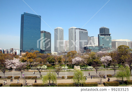 Buildings in Osaka Business Park and rows of cherry blossom trees in Osaka Castle Park 99283525