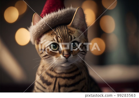 Cat in Christmas hat amid Christmas background created with generative AI technology 99283563