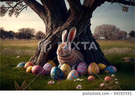 Easter bunny, basket and eggs created with generative AI technology Easter bunny, basket and eggs created with generative AI technology 99283591