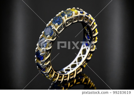 Gold round cut blue sapphire and yellow diamond full eternity ring on black background created with generative AI technology 99283619