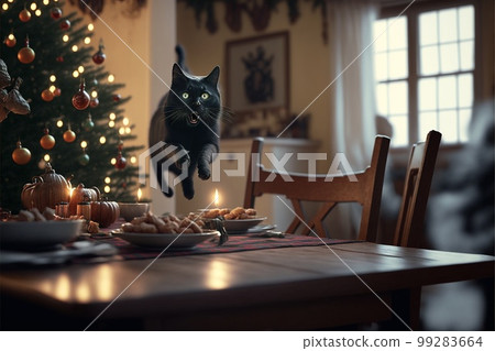 The cat jumps against the background of Christmas scenery created with generative AI technology 99283664