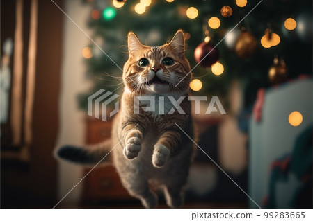 The cat jumps against the background of Christmas scenery created with generative AI technology 99283665