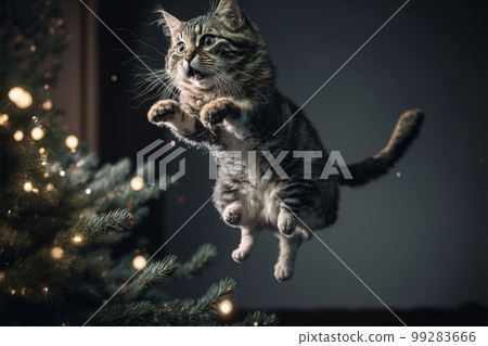 The cat jumps against the background of Christmas scenery created with generative AI technology 99283666