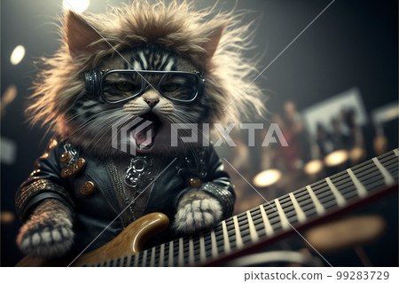 Cats as rock stars playing guitar at concert created with generative AI technology 99283729
