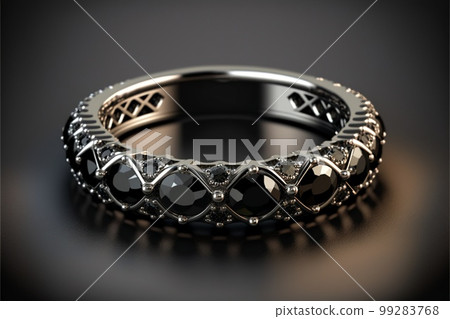 Platinum Round Cut Ring with Black Diamonds created with generative AI technology 99283768