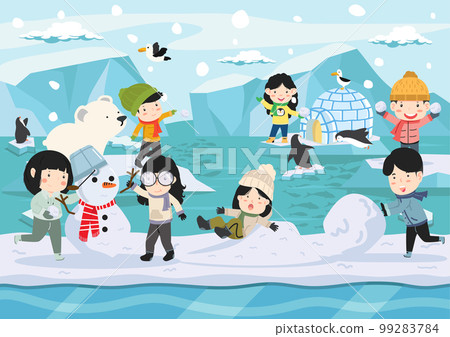 Kid with North pole Arctic landscape winter 99283784