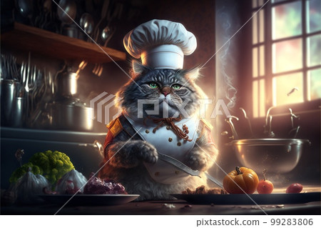 Cat as Chef in the Kitchen created with generative AI technology Cat as Chef in the Kitchen created with generative AI technology 99283806