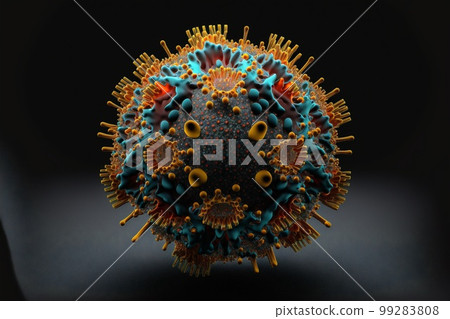 Coronavirus model in different colors on a black background created with generative AI technology 99283808