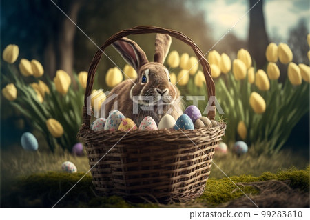 Easter bunny sitting in egg basket created with generative AI technology Easter bunny sitting in egg basket created with generative AI technology 99283810