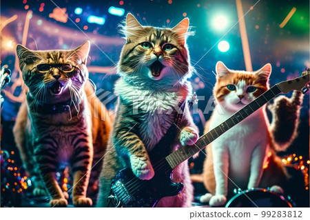 Cats as rock stars playing guitar at concert created with generative AI technology 99283812