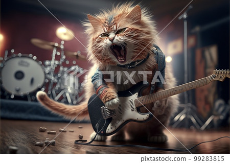 Cats as rock stars playing guitar at concert created with generative AI technology 99283815