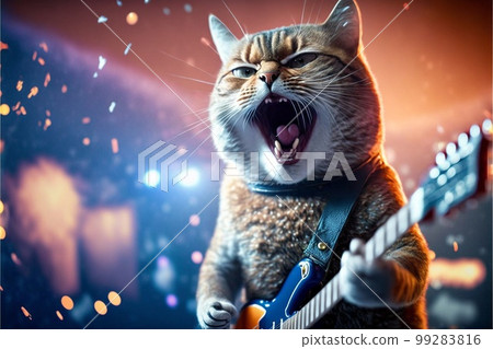 Cats as rock stars playing guitar at concert created with generative AI technology Cats as rock stars playing guitar at concert created with generative AI technology 99283816