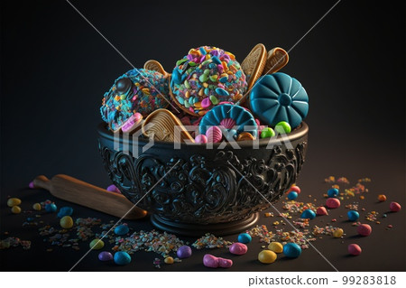 Colorful bright sweets on a black background created with generative AI technology 99283818
