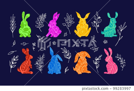 Colorful Easter bunnies doodle pattern and twigs 99283997