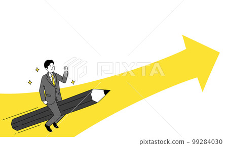 Image of study/examination, illustration of a man riding a pencil and an arrow, copy space, vector Image of study/examination, illustration of a man riding a pencil and an arrow, copy space, vector 99284030
