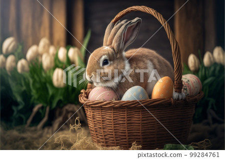 Easter bunny sitting in egg basket created with generative AI technology 99284761