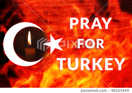 Turkey Earthquake, February 6, 2023. Mournful banner. The Epicenter of the earthquake in Turkey. Pray for Turkey. A bright burning candle on the background of the Turkish flag. Design. Red flame 99285849