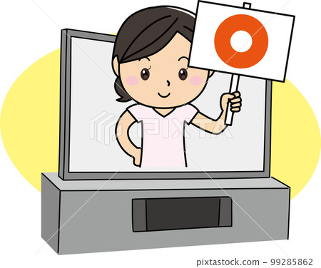 Illustration of a woman holding up a placard with an incorrect answer from a simple large TV and LCD screen 99285862