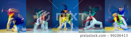 Collage of images of young girls and boys dancing experimental contemp dance over blue background in neon with mixed light. Art, beauty, music concept 99286413