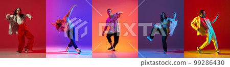Music in moves. Young expressive contemp dance dancers dancing in neon light. Concept of dance, youth, hobby, dynamics, movement, action, ad. Banner with copy space 99286430