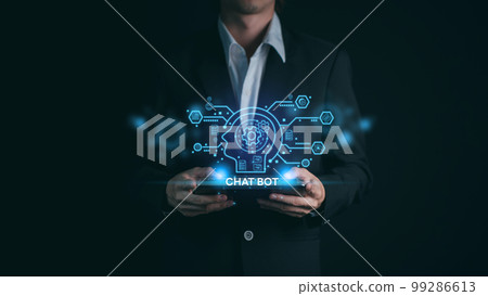 AI (Artificial intelligence), Chatbot growing concept. Businessman hand use tablet with analytics information trends  technology. Business link digital marketing. Big data and Financial banking 99286613