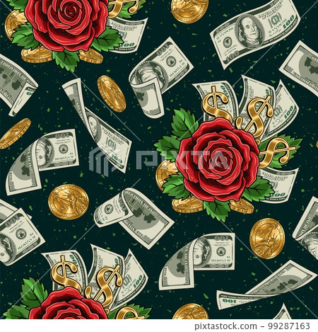 Pattern with flying, falling dollar banknotes, gold coins, red rose with leaves, gold dollar sign. Vintage illustration for prints, clothing, surface design Dark background 99287163