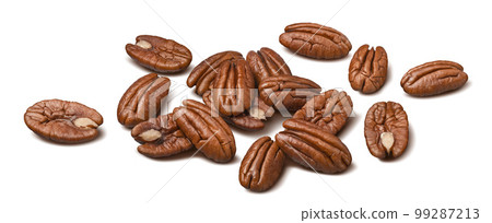 Shelled pecans isolated on white background. Nuts scattered. Horizontal layout 99287213