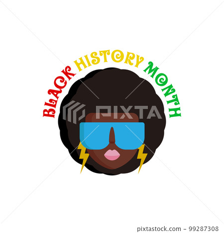 Black history month square banner with stylized afro American woman face isolated on white background. Black history month poster, flyer, background with pretty african modern girl with sunglasses 99287308