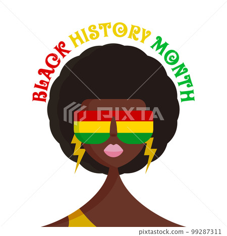 Black history month square banner with stylized afro American woman face isolated on white background. Black history month poster, flyer, background with pretty african modern girl with sunglasses Black history month square banner with stylized afro American woman face isolated on white background. Black history month poster, flyer, background with pretty african modern girl with sunglasses 99287311