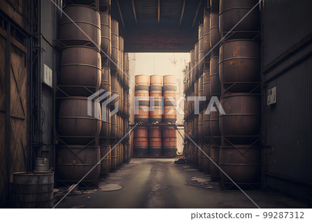 Stacks of oil barrels in oil refinery warehouse. Neural network AI generated art Stacks of oil barrels in oil refinery warehouse. Neural network AI generated art 99287312