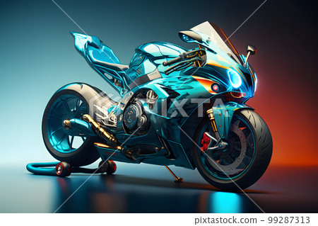 Futuristic custom angled light motorcycle concept with glowing blue tones. Neural network AI generated art Futuristic custom angled light motorcycle concept with glowing blue tones. Neural network AI generated art 99287313