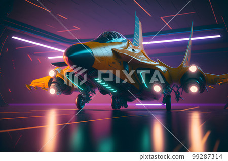 Modern futuristic destroyer jet in neon glowing light. Neural network AI generated art Modern futuristic destroyer jet in neon glowing light. Neural network AI generated art 99287314
