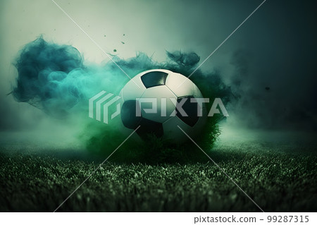 Traditional soccer ball on soccer field on green grass with dark toned foggy background. Neural network AI generated art Traditional soccer ball on soccer field on green grass with dark toned foggy background. Neural network AI generated art 99287315