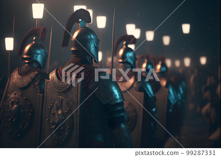 A Roman legion was a large military unit of the Roman army preparing for battle at night. Neural network AI generated art 99287331