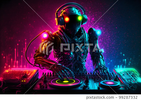 Robot disc jockey at the dj mixer and turntable plays nightclub during party. EDM entertainment party concept. Neural network AI generated art 99287332