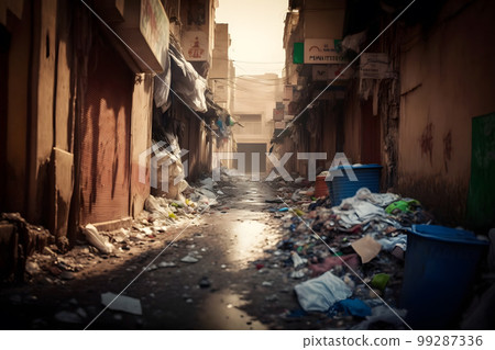 Ghetto city back alley with dirt rubbish and poor residental houses. Neural network AI generated art 99287336