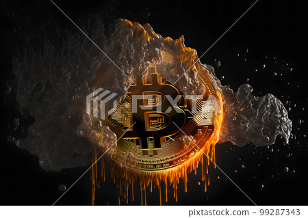Melted bitcoin on fire flame on black background. Neural network AI generated art 99287343